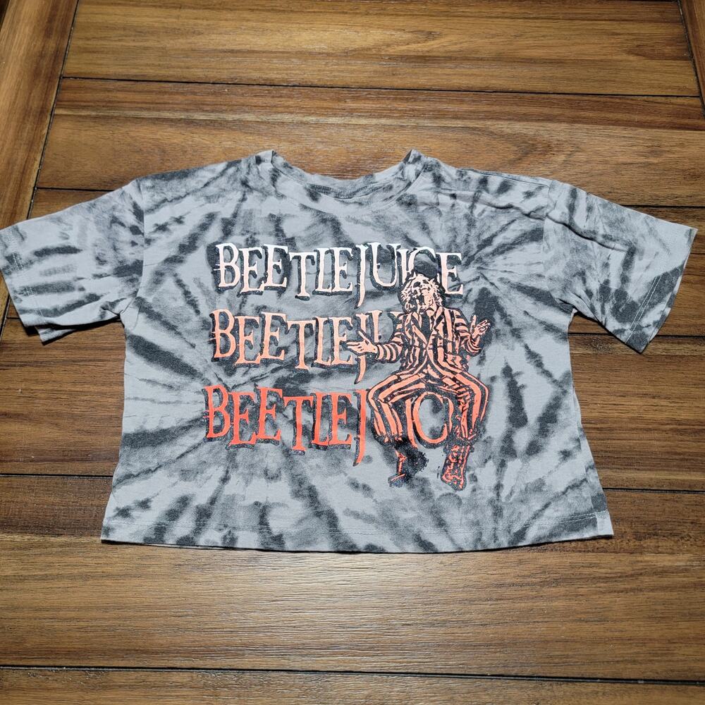 Beetlejuice Grey Tie-dye Crop Tee w/ Glitter - Size Junior Medium (7/8)